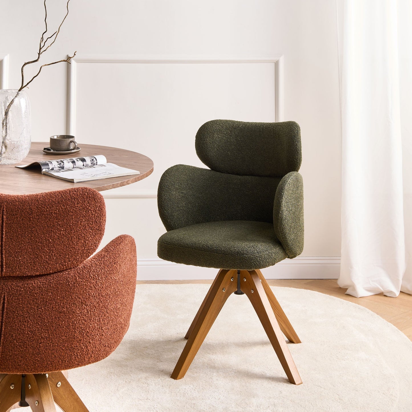 Nordique Swivel Dining Chair Dark Green Boucle Curved Backrest