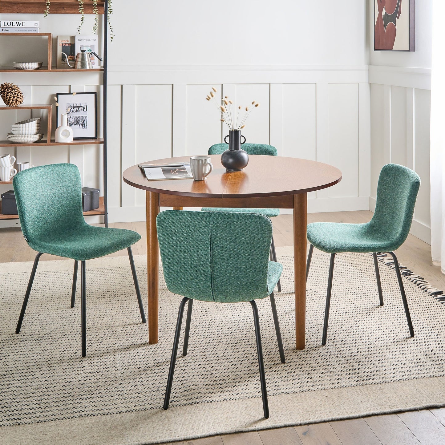 4 Piece Green Upholstered Dining Chairs Black Metal Legs