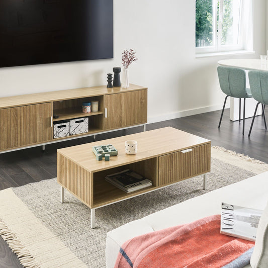NordicNest TV Stand Light Brown MDF Metal Legs Up To 54Inch CableHole