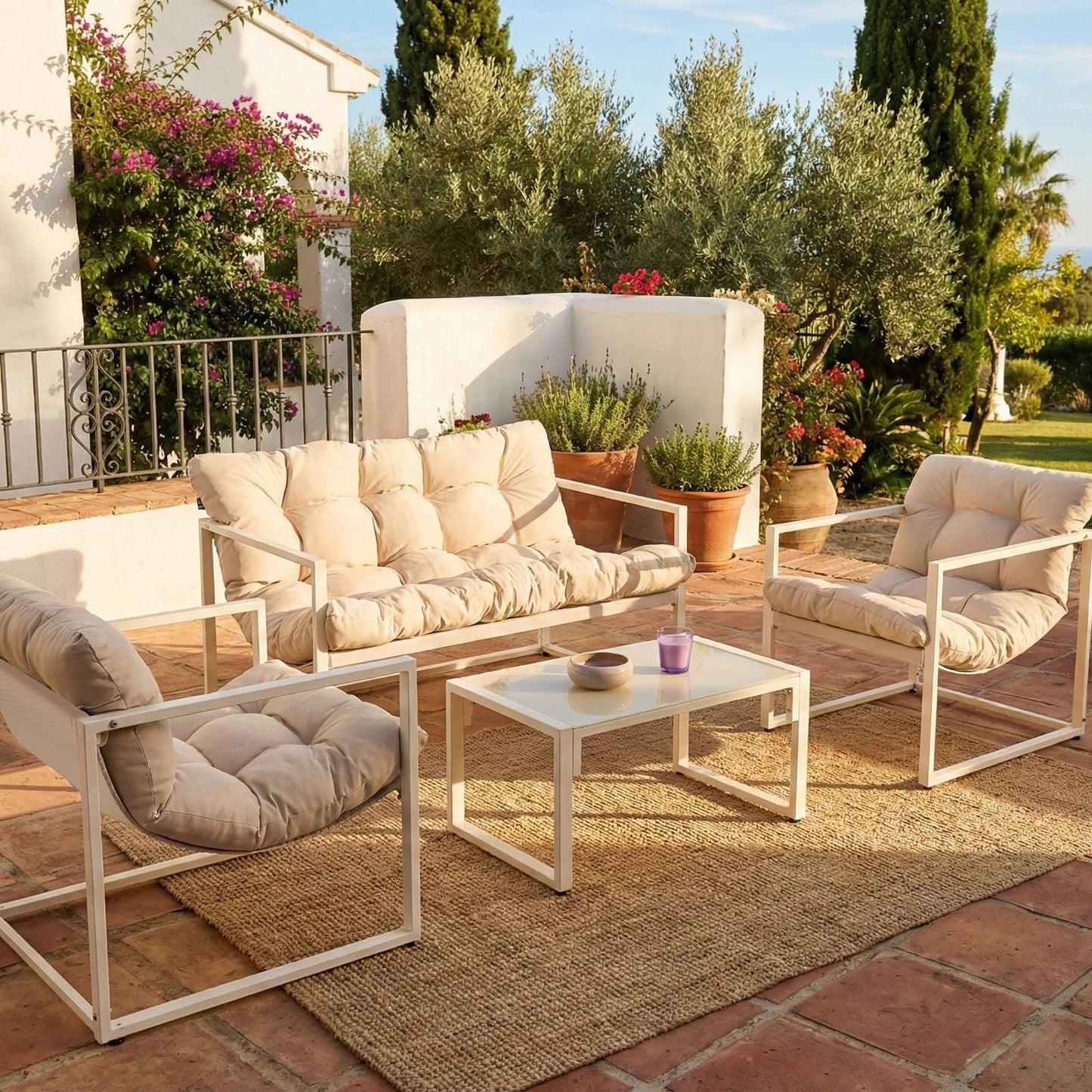 Garden Sofa Set Beige Galvanized Steel 4 Seater Armchairs