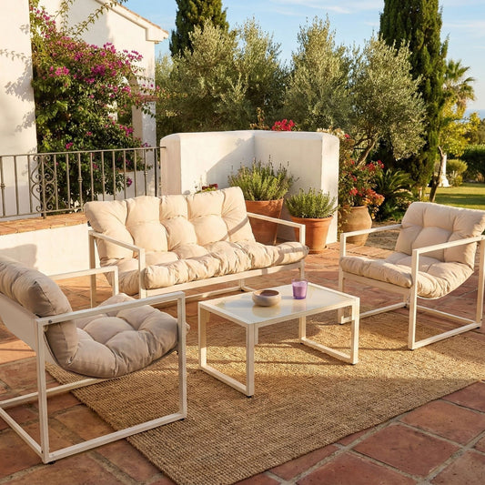 Garden Sofa Set Beige Galvanized Steel 4 Seater Armchairs
