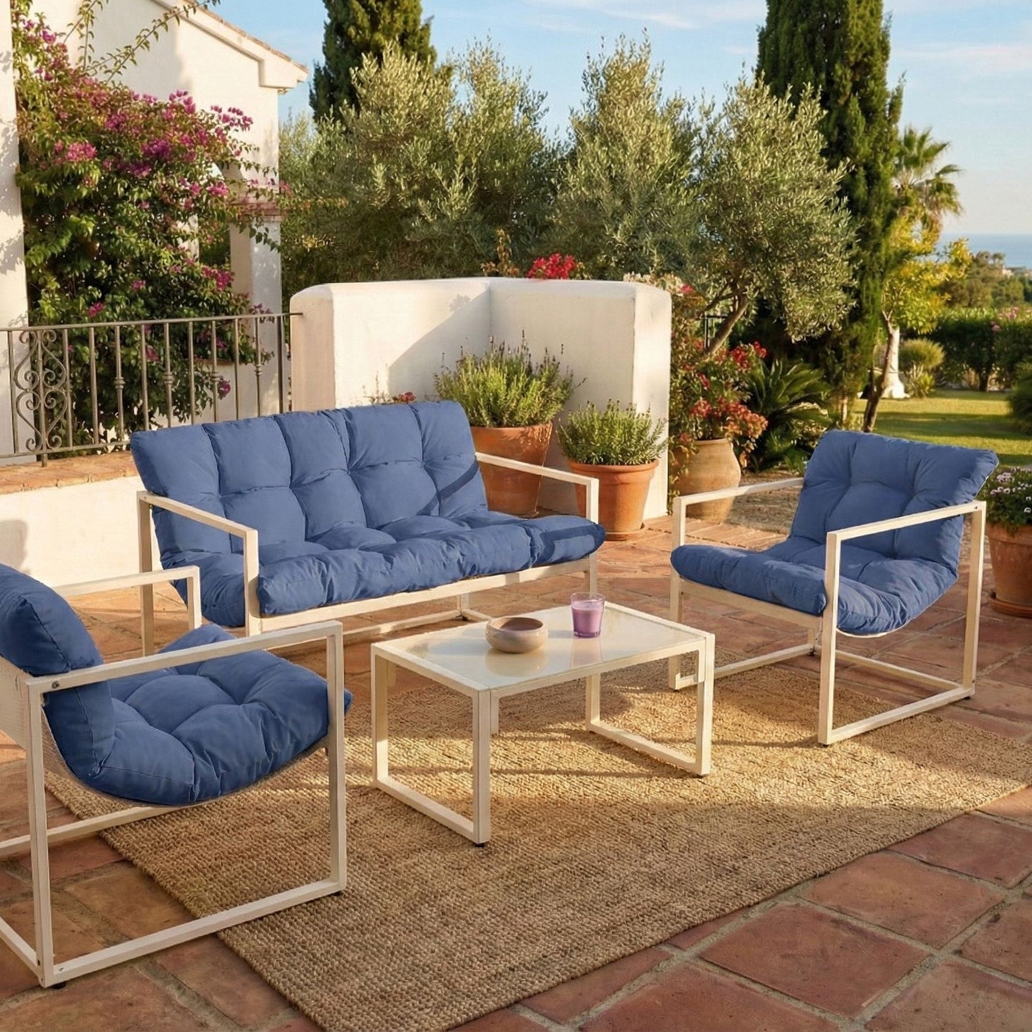 Gardenuxe Blue Galvanized Steel Outdoor Sofa Set 4 Seater With Armchairs And Coffee Table Modern Design