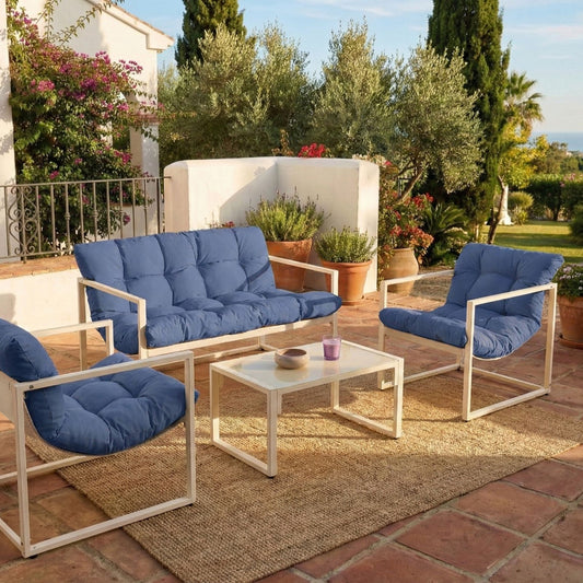Gardenuxe Blue Galvanized Steel Outdoor Sofa Set 4 Seater With Armchairs And Coffee Table Modern Design