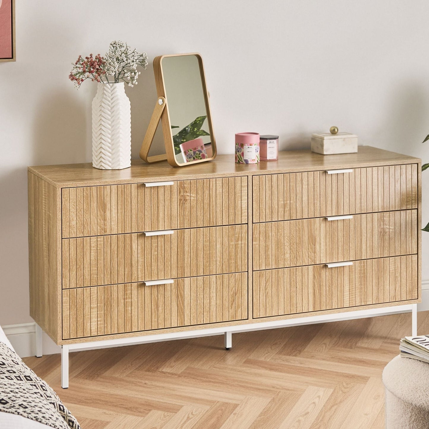 BrandName Modern Six-Drawer Chest Light Brown MDF Metal Legs