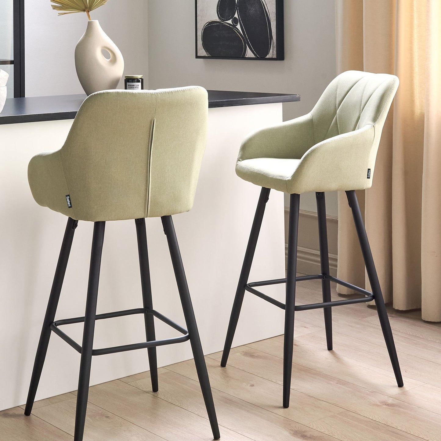 Bar Stools Set of 2 Light Green Upholstered With Arms