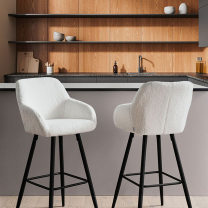 Living Set Of 2 Bar Stools Off White Boucle Fabric With Arms Backrest Black Metal Legs