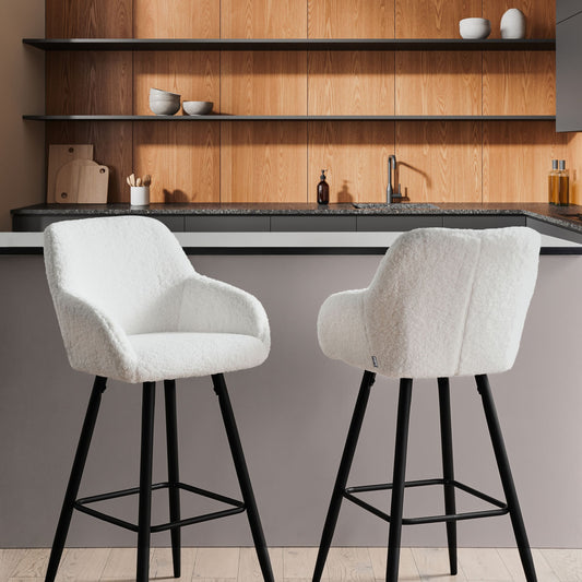 Living Set Of 2 Bar Stools Off White Boucle Fabric With Arms Backrest Black Metal Legs