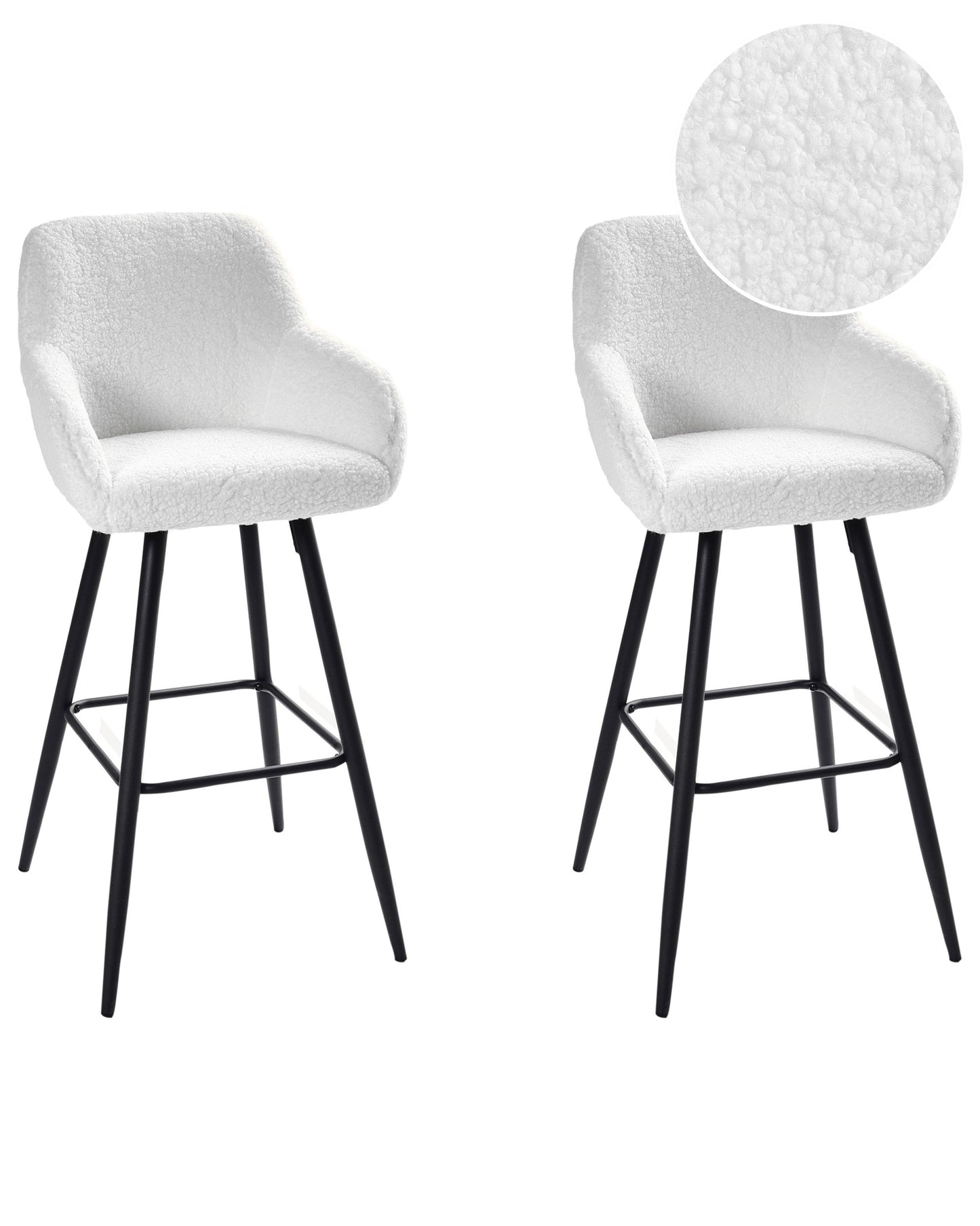 Living Set Of 2 Bar Stools Off White Boucle Fabric With Arms Backrest Black Metal Legs