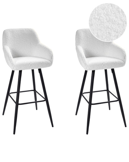 Living Set Of 2 Bar Stools Off White Boucle Fabric With Arms Backrest Black Metal Legs