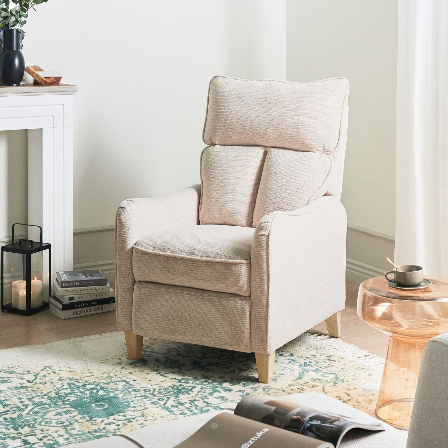 Reclining Armchair High Back Beige Fabric With Footstool