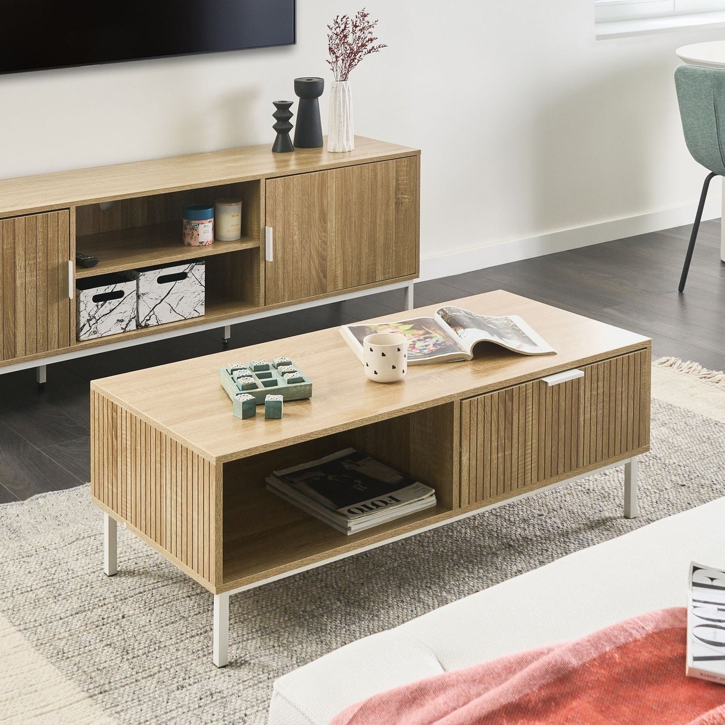 NordicNest Coffee Table Light Brown MDF Metal Legs 110x50cm Drawer