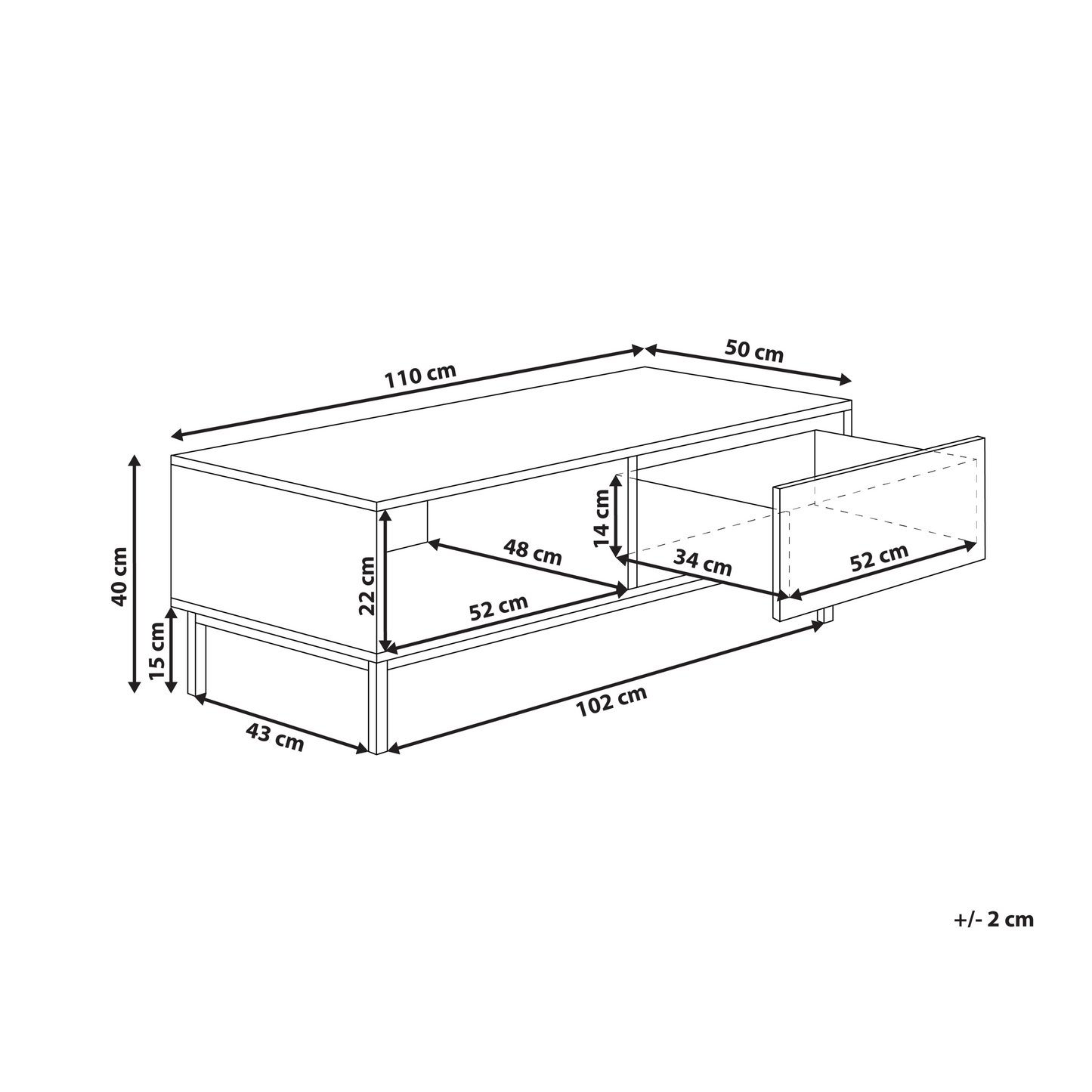 NordicNest Coffee Table Light Brown MDF Metal Legs 110x50cm Drawer