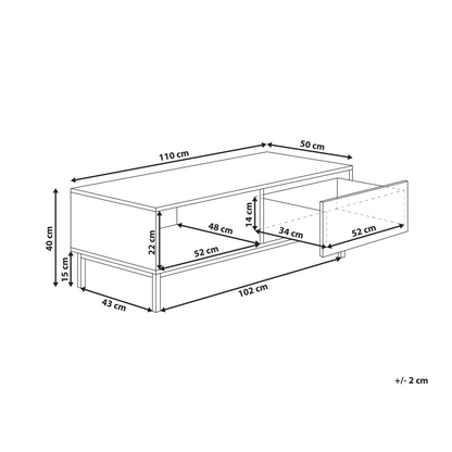 NordicNest Coffee Table Light Brown MDF Metal Legs 110x50cm Drawer