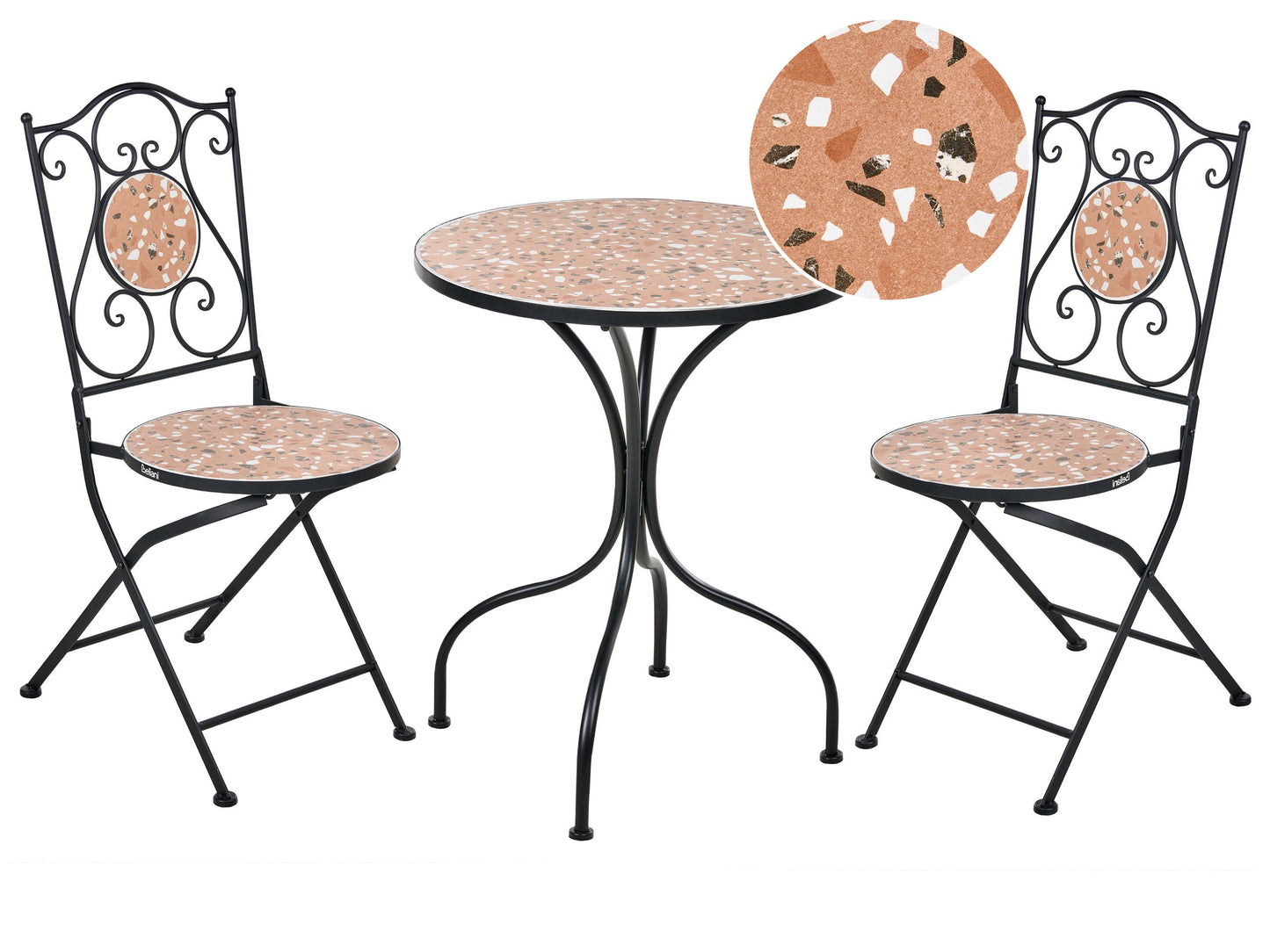 Outdoor Garden Bistro Set Black Metal Frame Terrazzo Pattern Tabletop