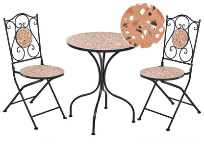 Outdoor Garden Bistro Set Black Metal Frame Terrazzo Pattern Tabletop