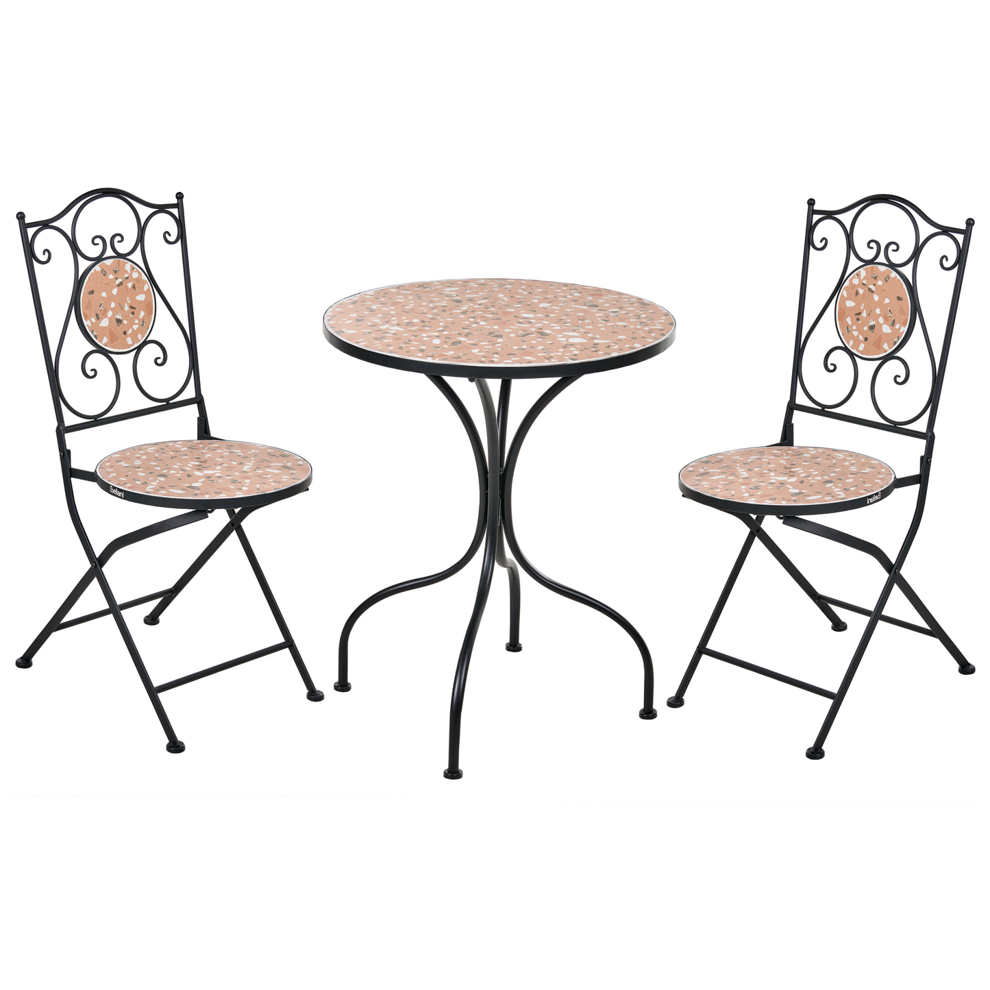 Outdoor Garden Bistro Set Black Metal Frame Terrazzo Pattern Tabletop