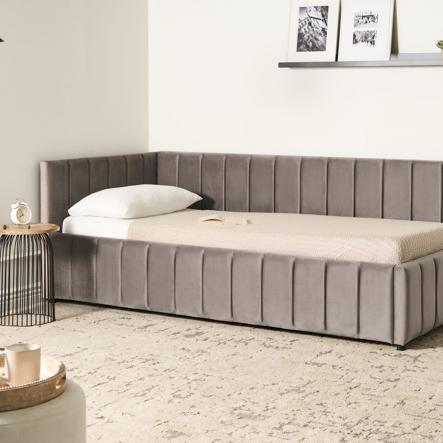 EU Velvet Single Bed Taupe 3ft Quilted Slatted Base Wooden Legs