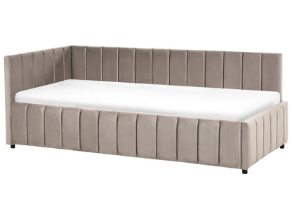 EU Velvet Single Bed Taupe 3ft Quilted Slatted Base Wooden Legs