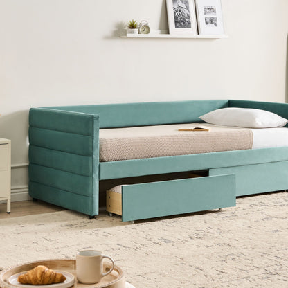 Living Mint Green Velvet Daybed 3ft Single With Drawers Quilted Upholstery