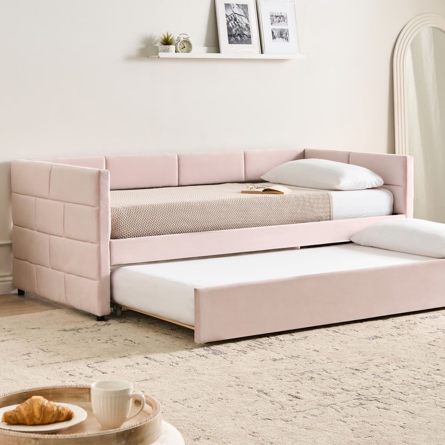 Velvet Tufted Trundle Bed Pink 3Ft With Slide Out Frame