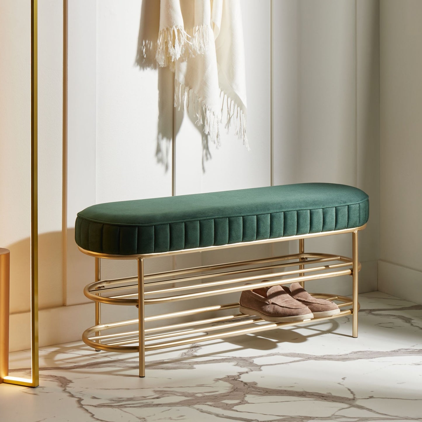 Emerald Velvet Glamour Bench With Gold Base And 2 Shelves