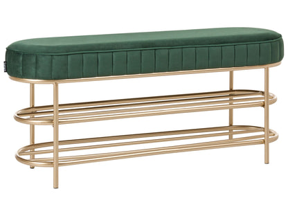 Emerald Velvet Glamour Bench With Gold Base And 2 Shelves