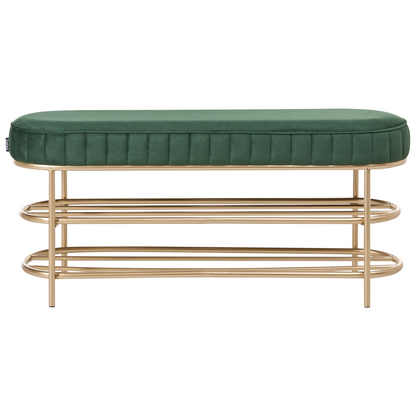 Emerald Velvet Glamour Bench With Gold Base And 2 Shelves