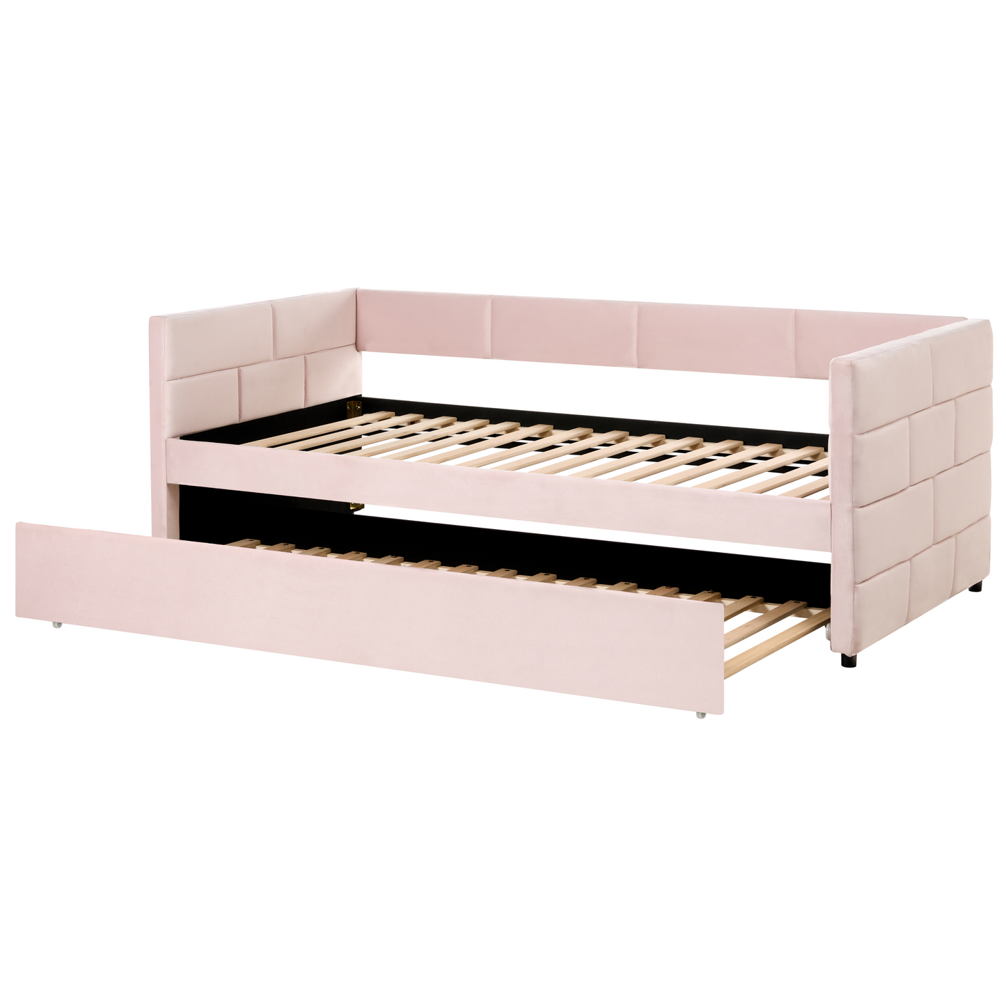 Velvet Tufted Trundle Bed Pink 3Ft With Slide Out Frame