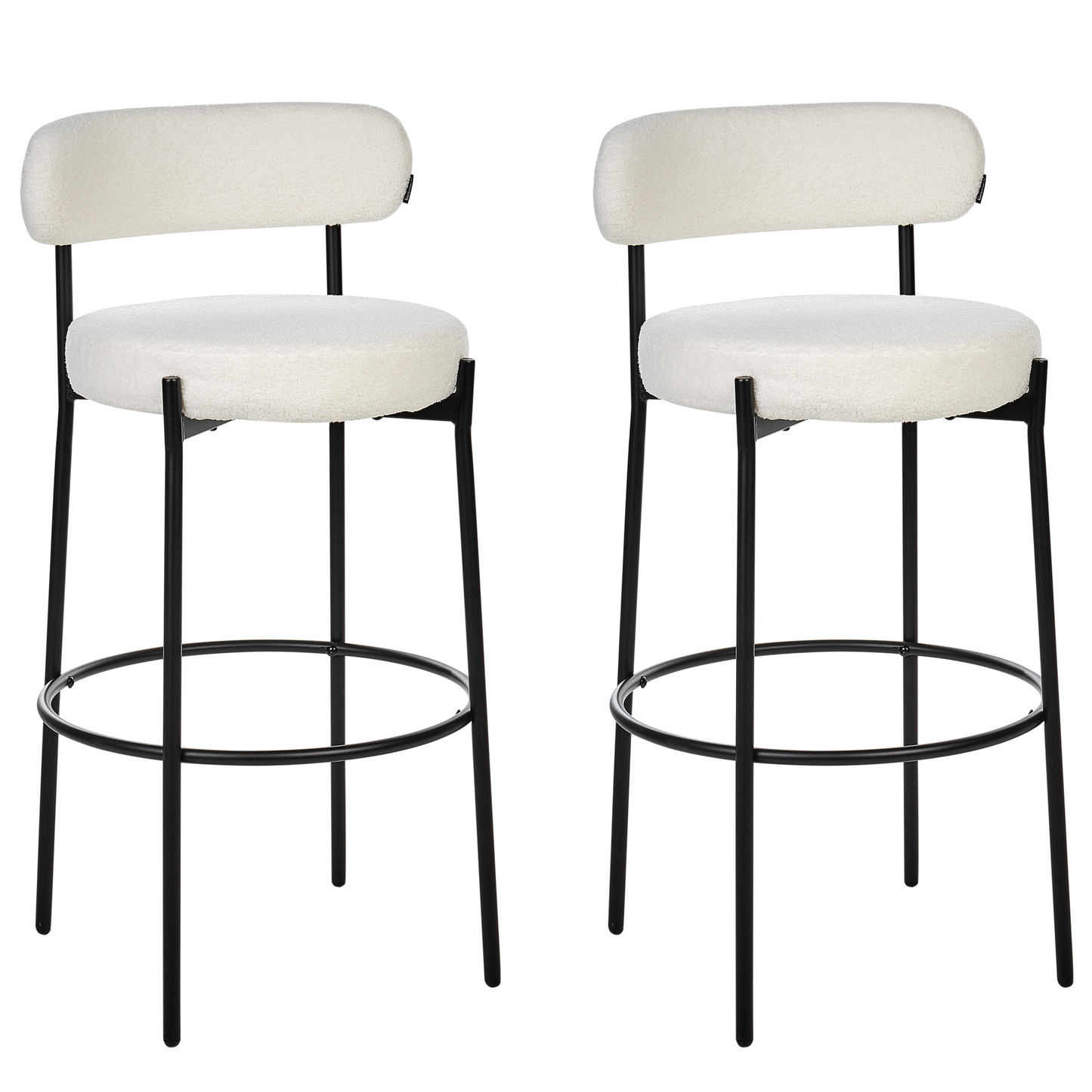 Living Set Of 2 White Boucle Bar Stools With Black Steel Legs Modern Dining Chairs