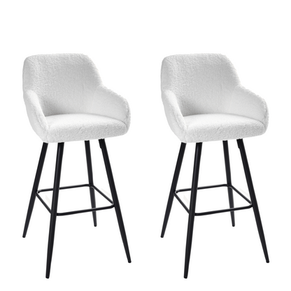 Living Set Of 2 Bar Stools Off White Boucle Fabric With Arms Backrest Black Metal Legs