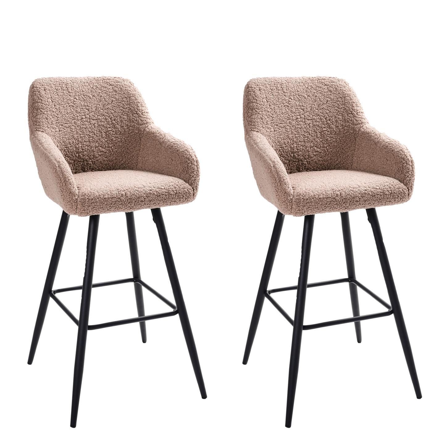 Taupe Boucle Bar Stool Set of 2 With Arms and Backrest Black Metal Legs