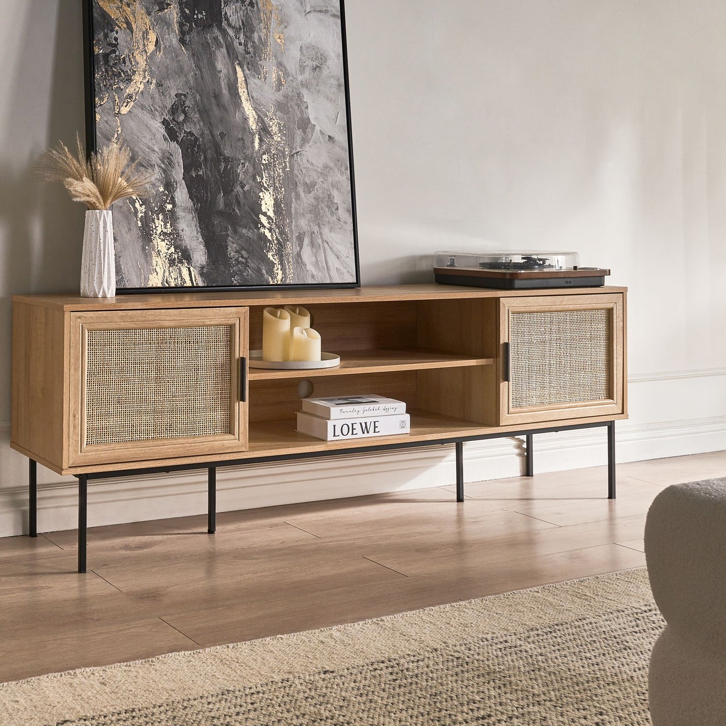 Boho Rattan 2 Door TV Stand Brown 180 x 63cm With Metal Legs
