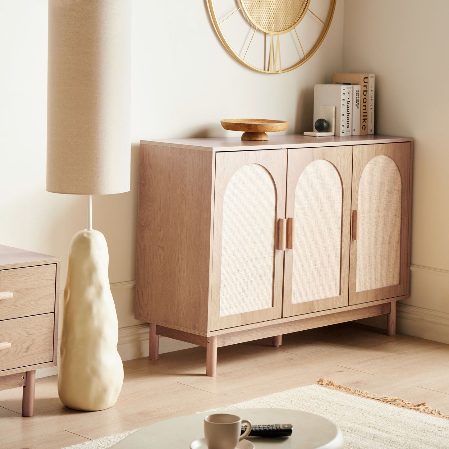 3 Door Sideboard Light Brown Rattan Front with Wooden Legs