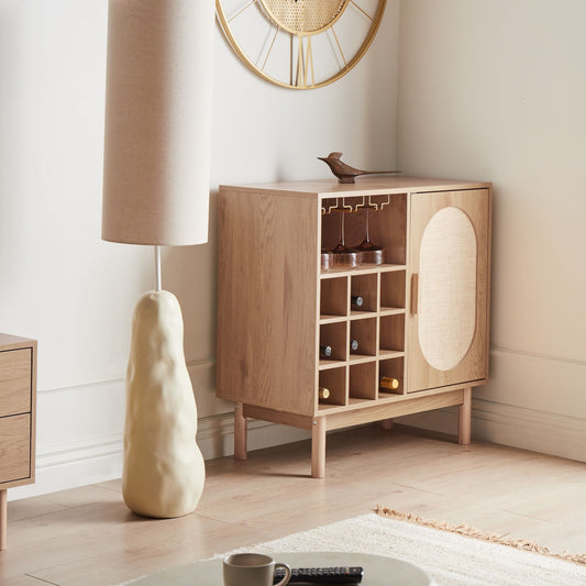 Wine Cabinet Light Brown Rattan Front Sideboard With 9 Bottle Wine Rack