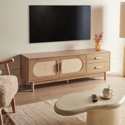 Living Boho TV Stand Up To 70 Inch Light Brown Rattan Front