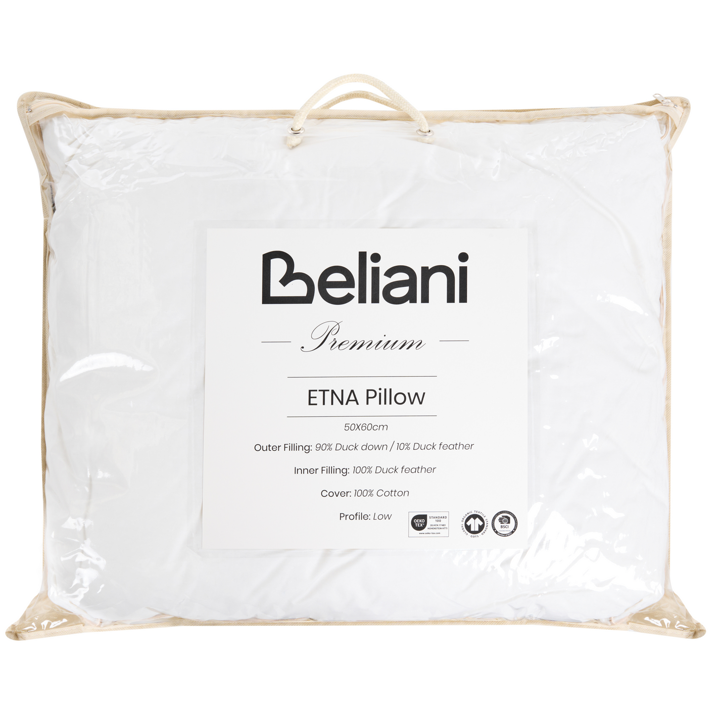 Low Bed Pillow White Triple Compartment Down Surround 50 x 60cm