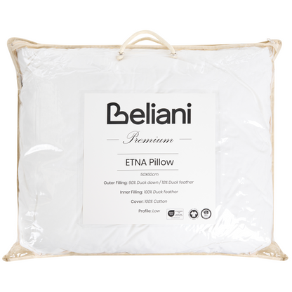 Low Bed Pillow White Triple Compartment Down Surround 50 x 60cm