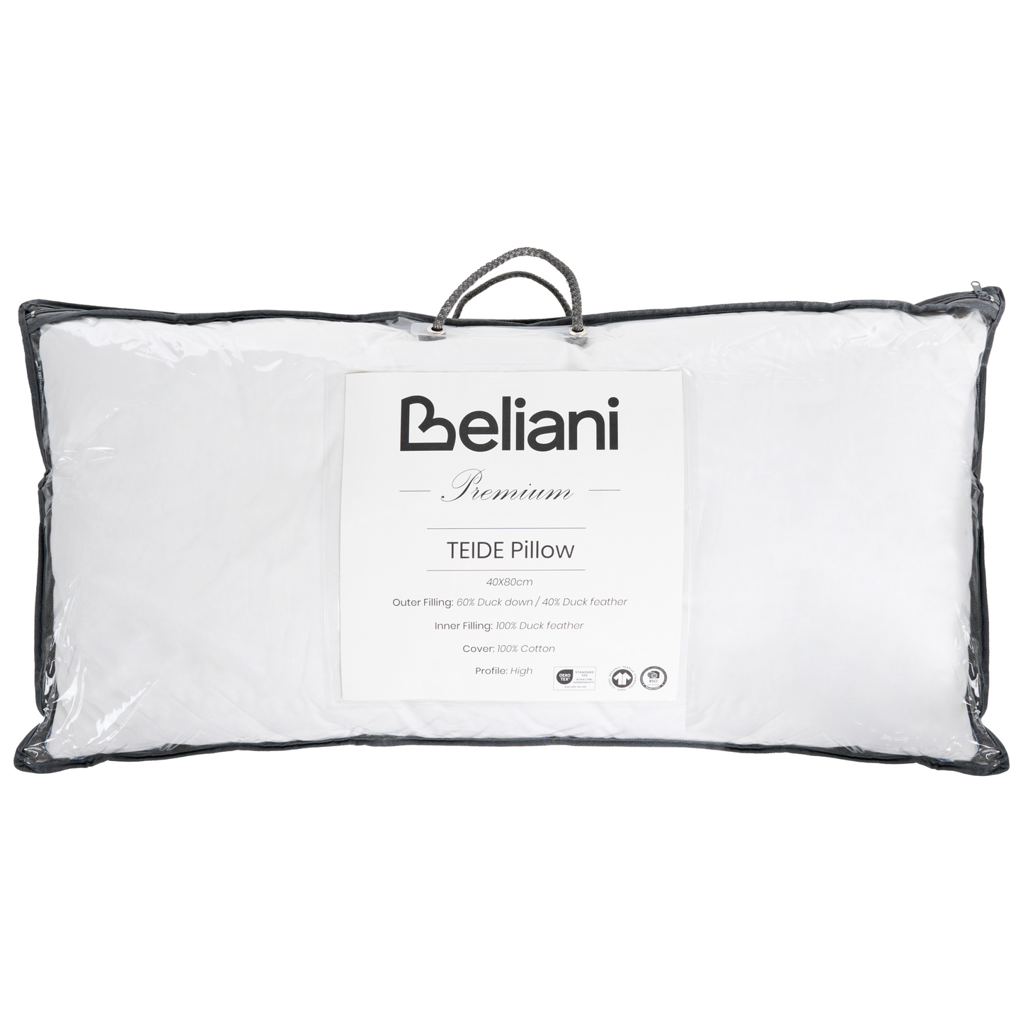 High Bed Pillow Triple Compartment White Duck Down 40 x 80cm
