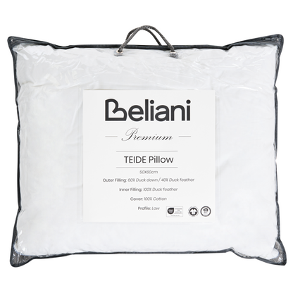 Low Bed Pillow Triple Compartment White Duck Down 50 x 60cm