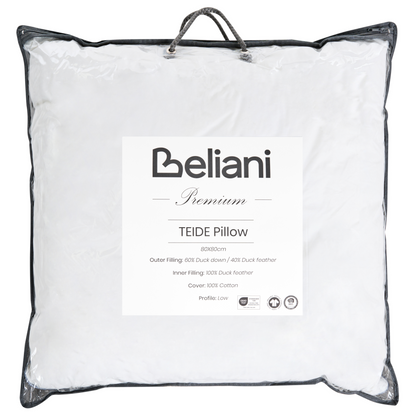Low Profile Bed Pillow Triple Compartment Duck Feather Down Surround 80 x 80 White Premium Cotton Casing