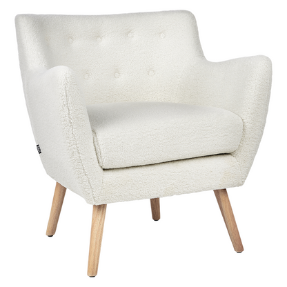 Armchair White Boucle Button Back Rubberwood Legs Modern