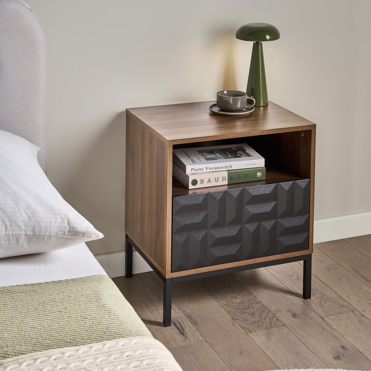 HeritageCraft Bedside Table Dark Brown MDF With Metal Legs Geometric Pattern Drawer Open Shelf