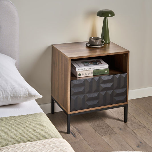 HeritageCraft Bedside Table Dark Brown MDF With Metal Legs Geometric Pattern Drawer Open Shelf