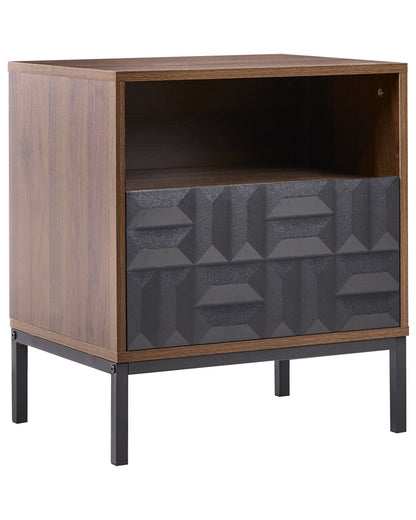 HeritageCraft Bedside Table Dark Brown MDF With Metal Legs Geometric Pattern Drawer Open Shelf