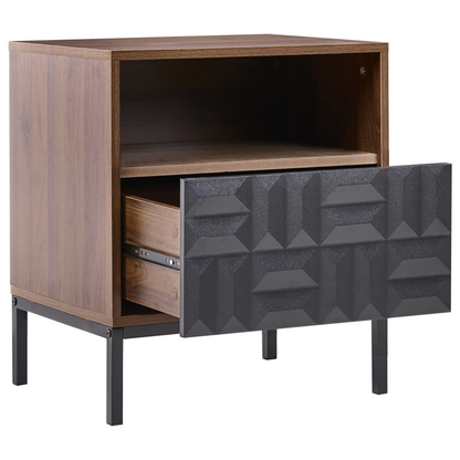 HeritageCraft Bedside Table Dark Brown MDF With Metal Legs Geometric Pattern Drawer Open Shelf