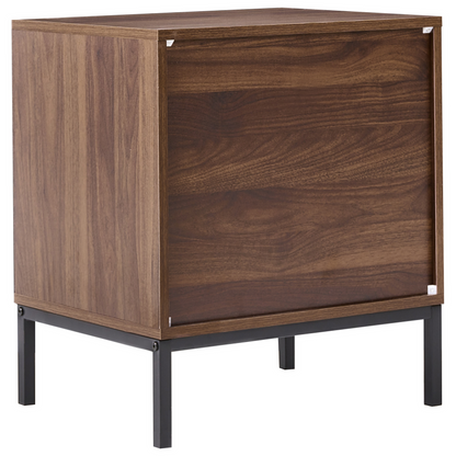 HeritageCraft Bedside Table Dark Brown MDF With Metal Legs Geometric Pattern Drawer Open Shelf