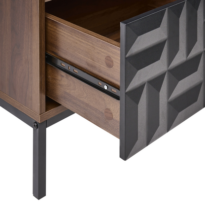 HeritageCraft Bedside Table Dark Brown MDF With Metal Legs Geometric Pattern Drawer Open Shelf
