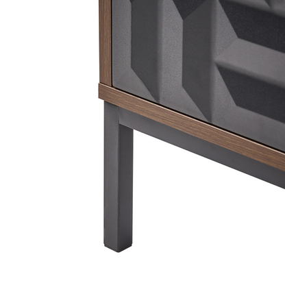 HeritageCraft Bedside Table Dark Brown MDF With Metal Legs Geometric Pattern Drawer Open Shelf