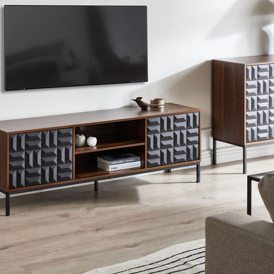 Brand Dark Brown TV Stand With Two Doors And Open Shelves Geometric Pattern Metal Legs