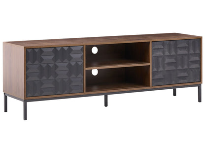 Brand Dark Brown TV Stand With Two Doors And Open Shelves Geometric Pattern Metal Legs